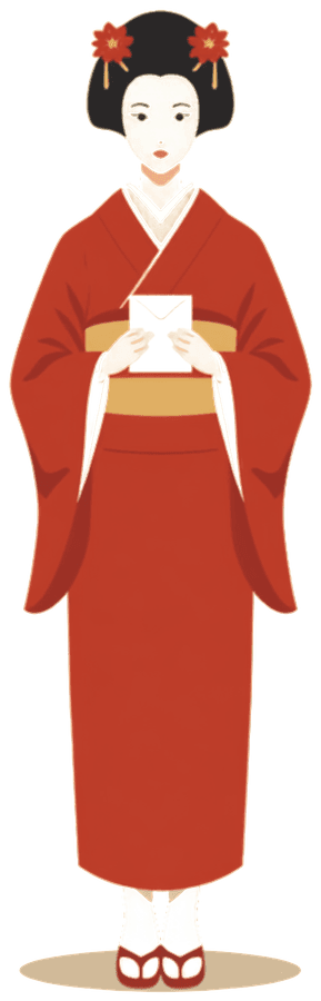 A maiko in a red kimono holding a letter, drawn as a flat illustration