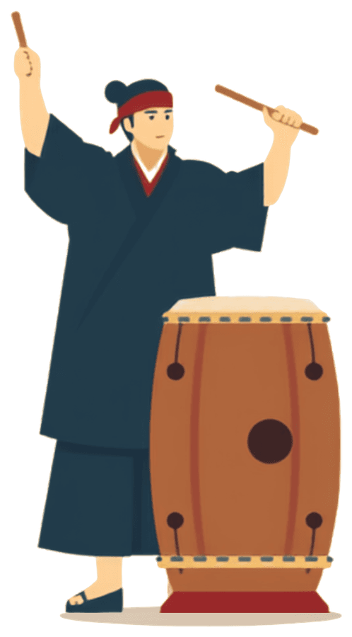 A taiko drummer mid-strike beside a large drum, drawn as a flat illustration