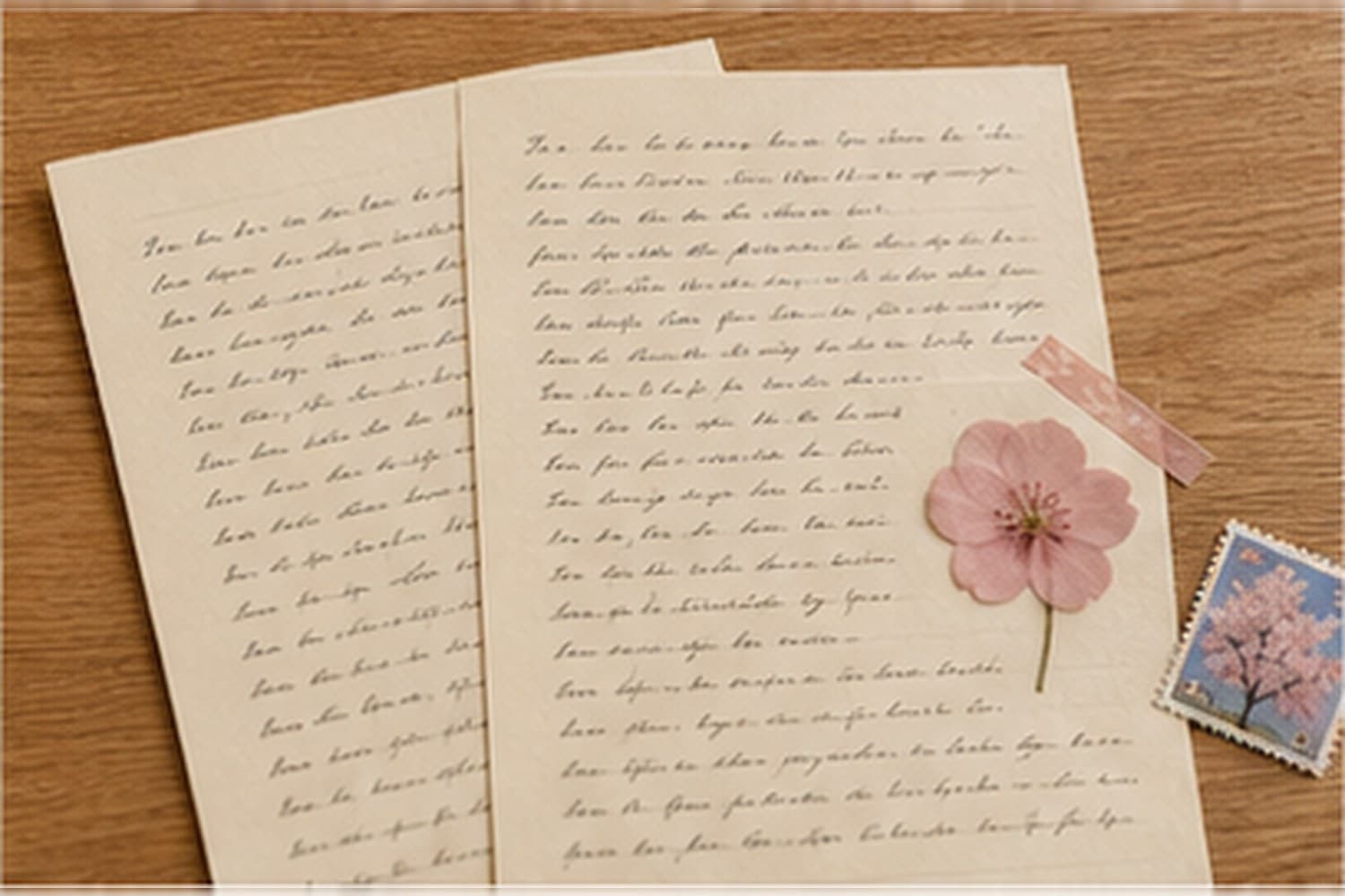 Sample letter pages on cream stationery with a pressed cherry-blossom petal and a Japanese stamp