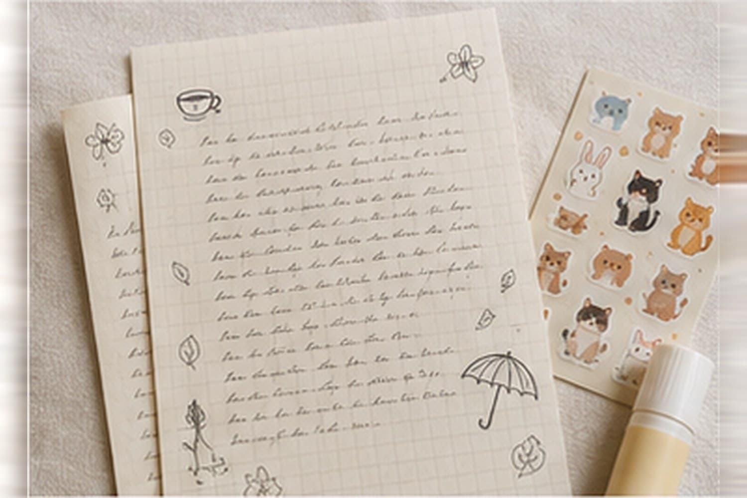 Sample letter on grid paper with small hand-drawn doodles and a sheet of animal stickers