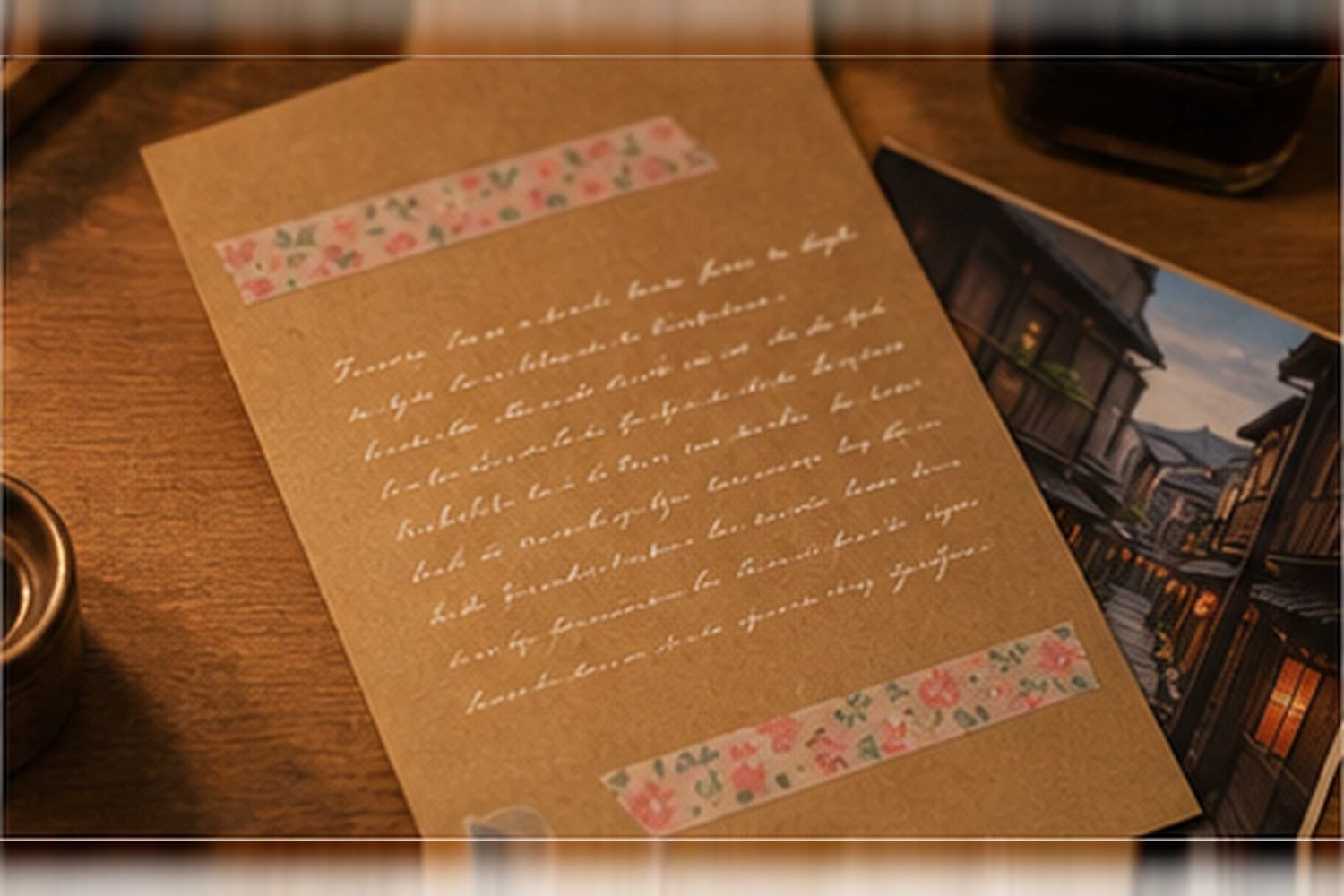 Sample letter on kraft paper with floral washi tape and a photo print of a Japanese street