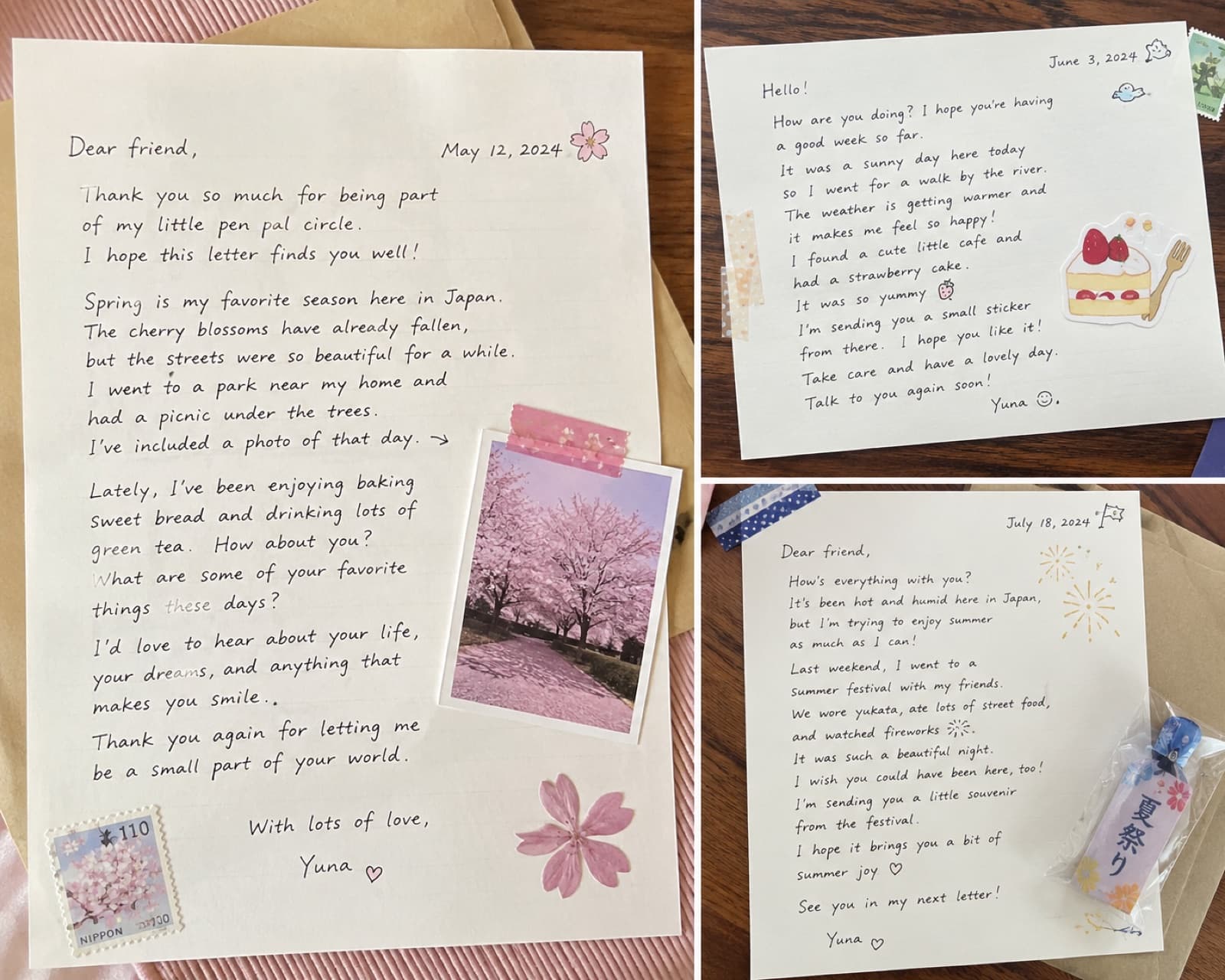 Sample letter pages on lined and grid paper, decorated with washi tape and seasonal stickers