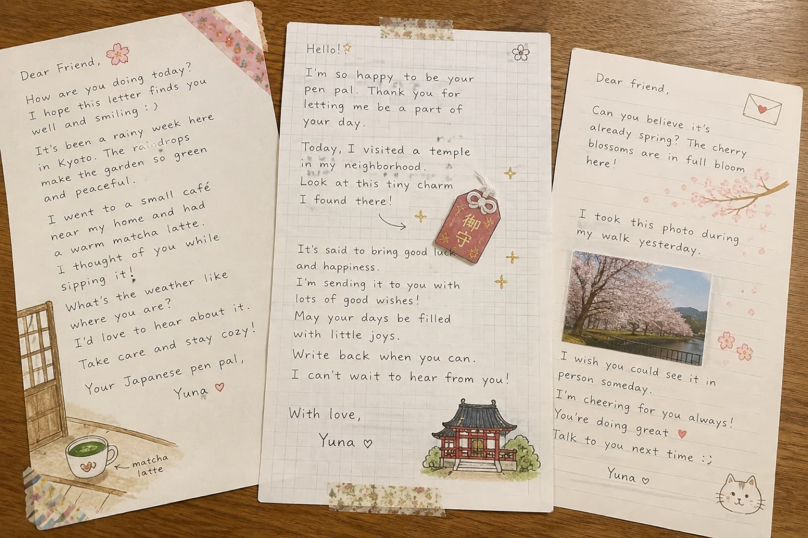 Sample letters with a Japanese postage stamp, a pressed flower and a small festival souvenir