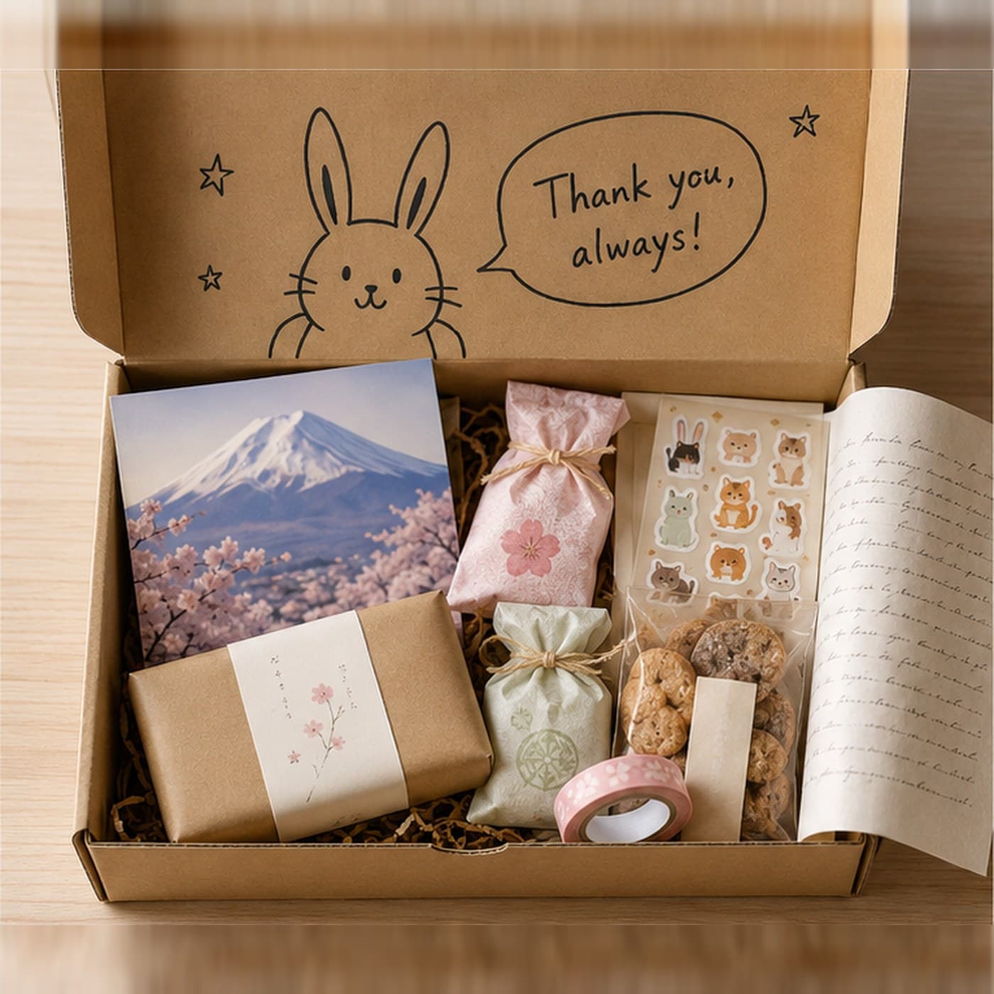 The finished box: a hand-drawn bunny and a thank-you note inside the lid, packed with Japanese sweets and a Mt Fuji postcard