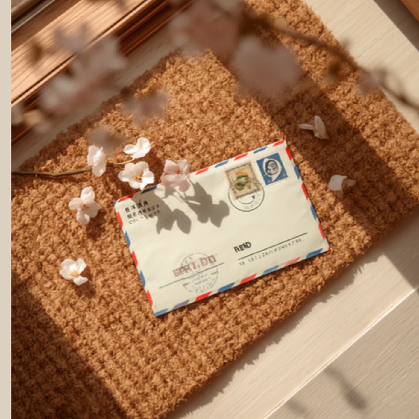 An airmail envelope lying on a doormat inside a front door, with cherry blossom petals beside it
