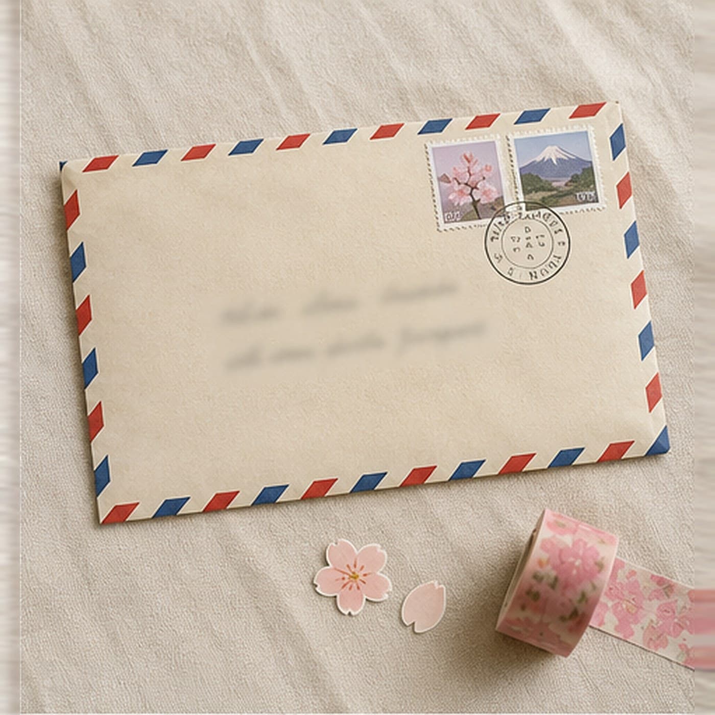 A sealed airmail envelope with Japanese stamps and a postmark, ready to be posted