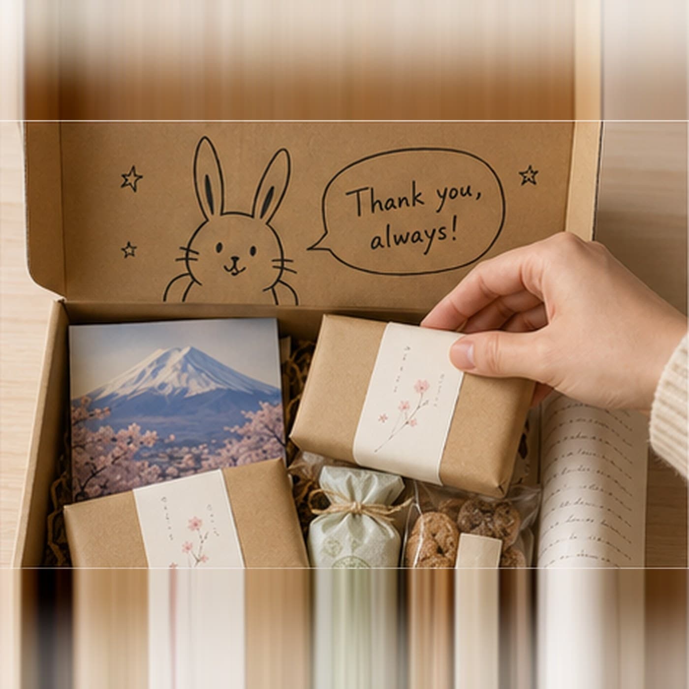 A hand placing a paper-wrapped Japanese sweet into an open cardboard box