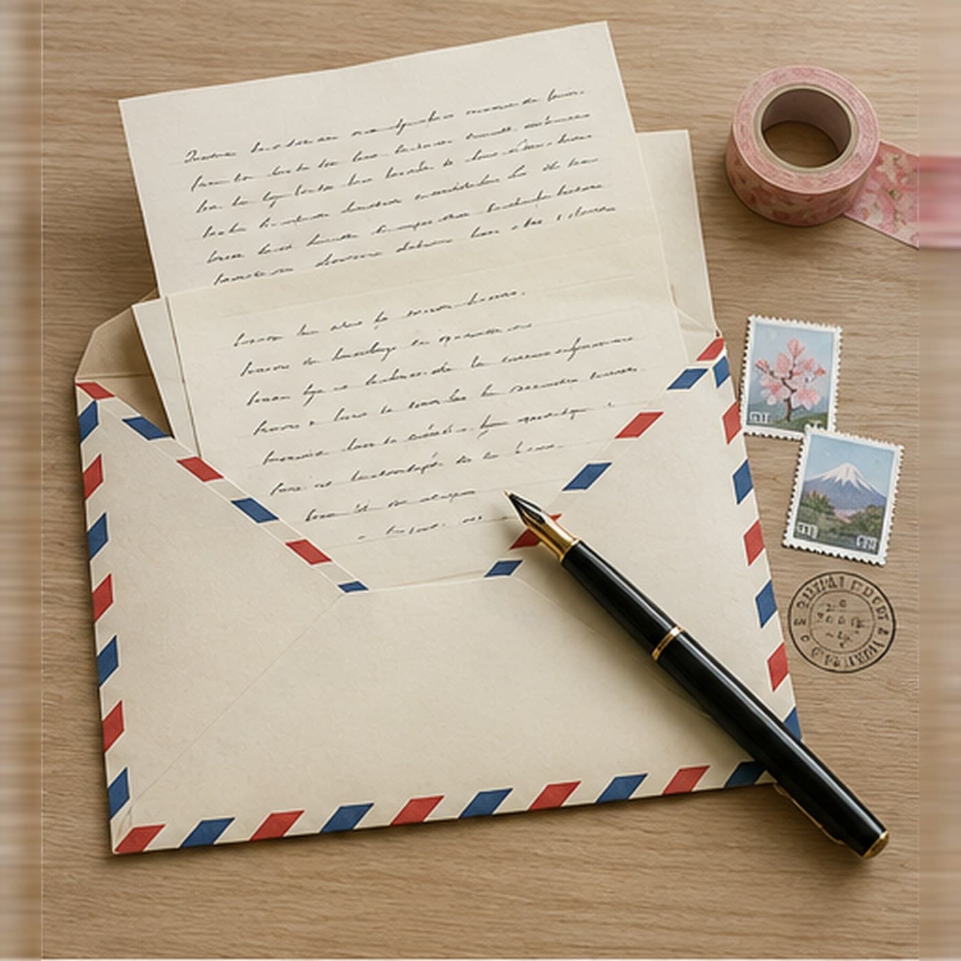 An open airmail envelope with a handwritten letter, a fountain pen and Japanese stamps beside it